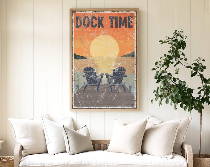 Sunset Lake Sign, Dock Time Adirondack Chairs Print, Vintage Orange Water Decor
