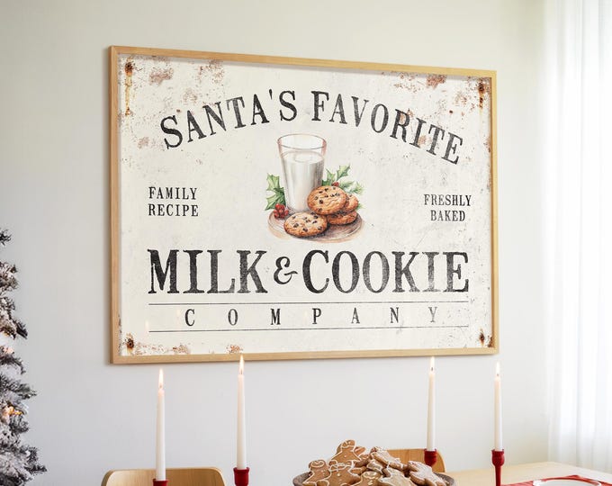 Milk Cookie Print, Santa's Favorite Company Sign in Charcoal and Red on Aged Cream