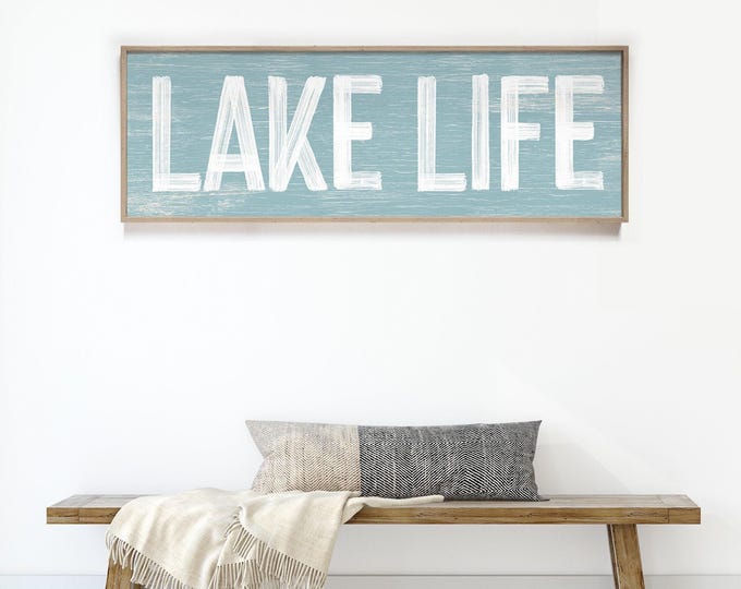 Rustic Vintage Decor, Lake Life Sign, Tide Blue and White Horizontal Wall Art, Cabin Gift