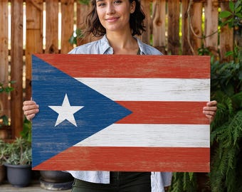 Puerto Rico Flag Poster - Rustic Vintage Style, Framed or Unframed