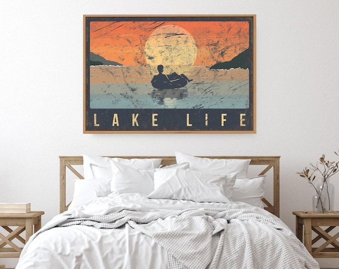 Man on Tube, Lake Life Sign, Navy and Orange Sunset Wall Art, Cabin Gift