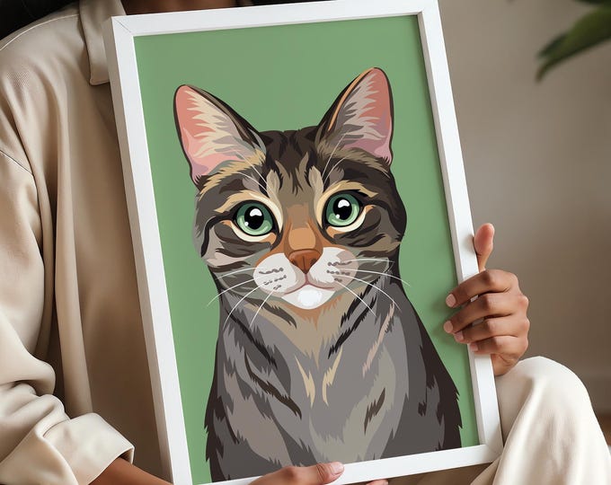 Tabby Cat with Green Eyes, Pop Art Cat Canvas, Colorful Feline Wall Art, Modern Pet Portrait, Dorm Decor for Her, Cute Girlfriend Gift Idea