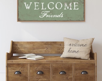 Porch Sign, Welcome Friends in White on Weathered Seagrass Green
