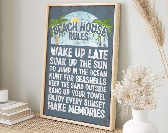 Beach House Rules Wall Art - Tropical Palm Trees, Rustic Coastal Decor