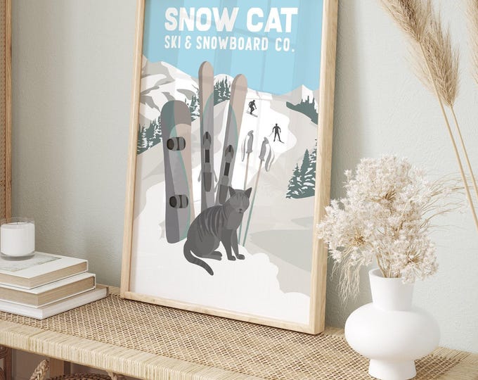 Cat Ski Poster: Retro Gray Tabby - Vintage Winter Wall Art