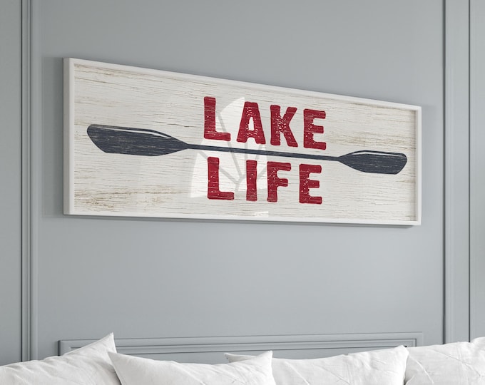 Vintage Lake Life Sign for Above Couch, Muted Red White and Blue Lake House Decor, Kayak or Canoe Paddles, Outdoorsy Gift Idea for Dad