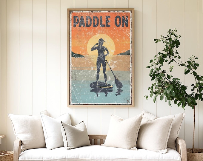 Golden Hour Decor, Paddle On Sunset Sign, Burnt Orange Waterfront Wall Art, Gift for Her