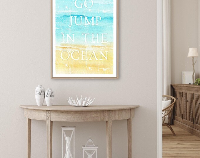 Vintage Beach Sign, Go Jump In The Ocean Watercolor Print, Aqua Gold Coastal Art
