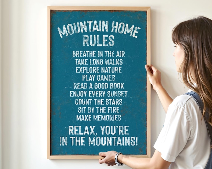 Cabin Wall Art: Mountain Rules Sign - Rustic Ski Lodge Decor, London Blue