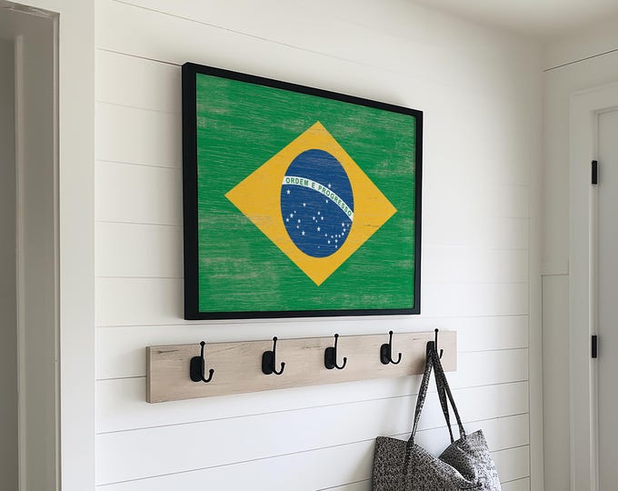 Flag Wall Art, Brazil Ordem e Progresso Rustic Print, Gift for Soccer Fan, Brazilian Heritage