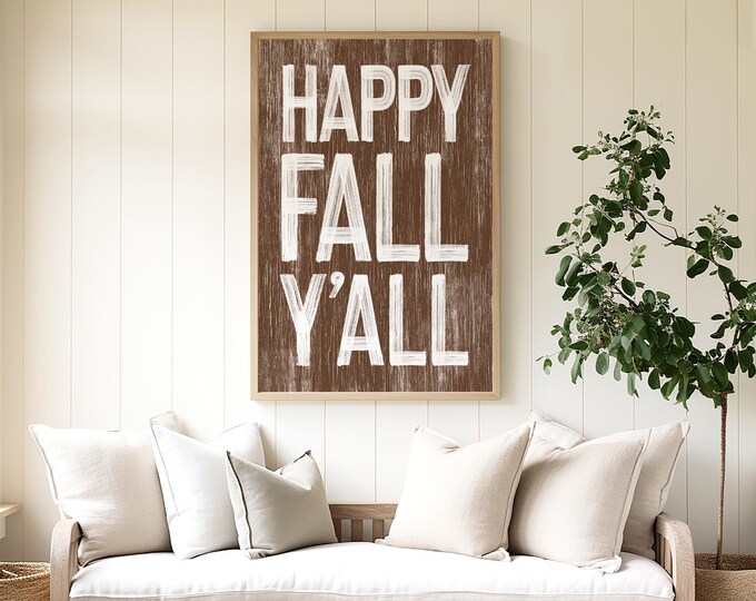 Autumn Bedroom Decor, Happy Fall Yall Sign, Walnut Brown Wall Art
