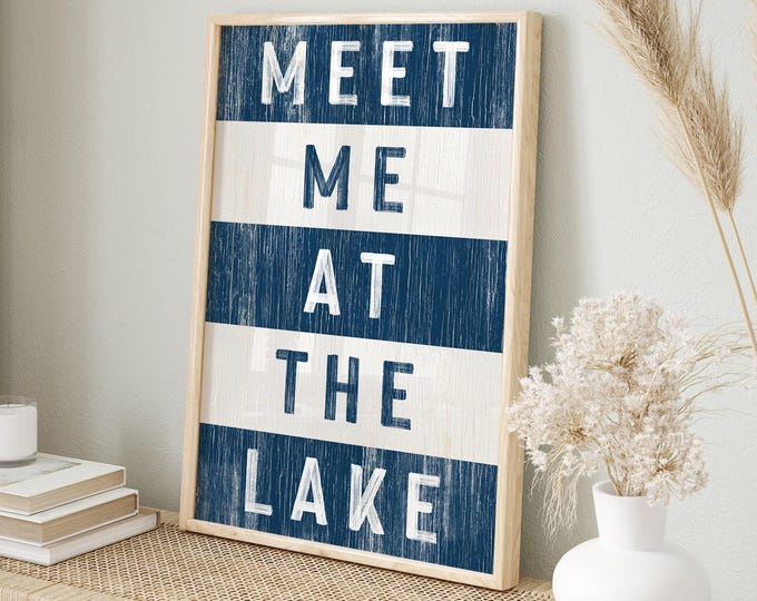 Striped Wall Art, Navy and Cream Meet Me at the Lake Sign, Coastal Cabin Gift