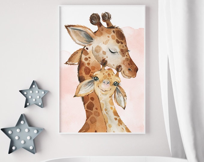 Baby Shower Gift, Mommy and Baby Giraffe Watercolor Print, Soft Tan Nursery Art