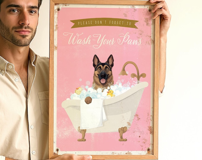 Whimsical German Shepherd Bathroom Art - Playful Wash Your Paws Bath Design