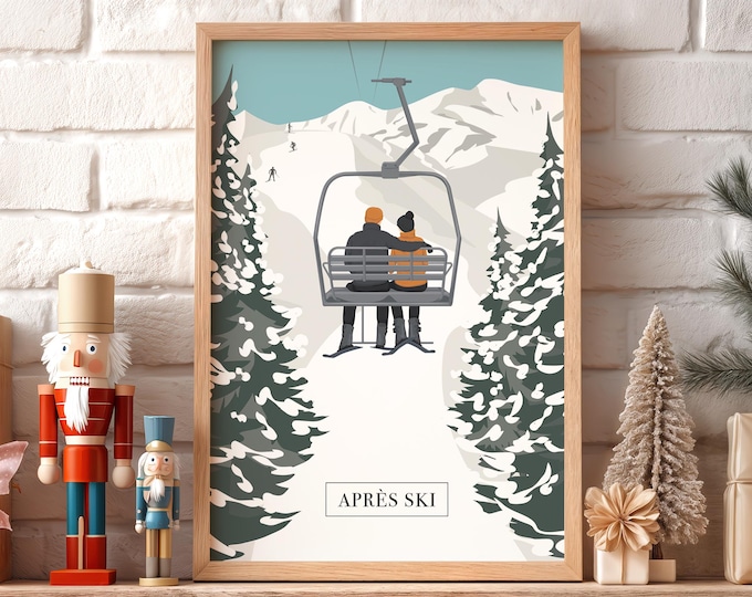 Mountain Retreat Art, Apres Ski Chairlift Print, Orange Rider Snowy Pine Wall Decor