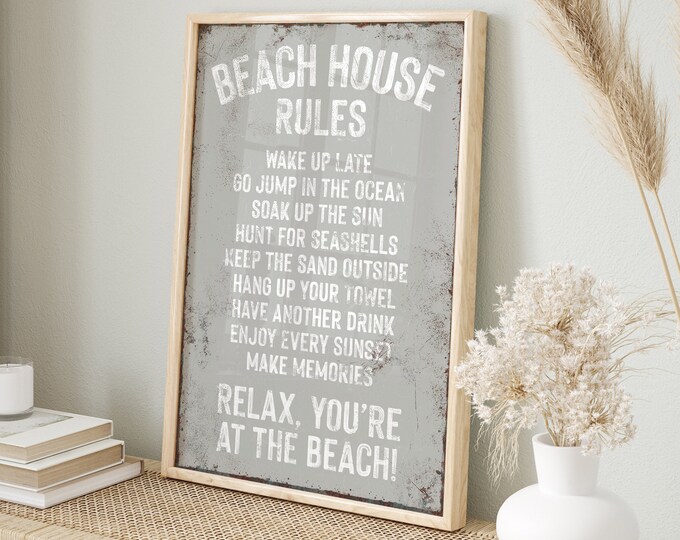 retro BEACH HOUSE RULES sign, stone gray sign art print, rustic beachhouse decor, distressed beach house gift, vacation rental decor
