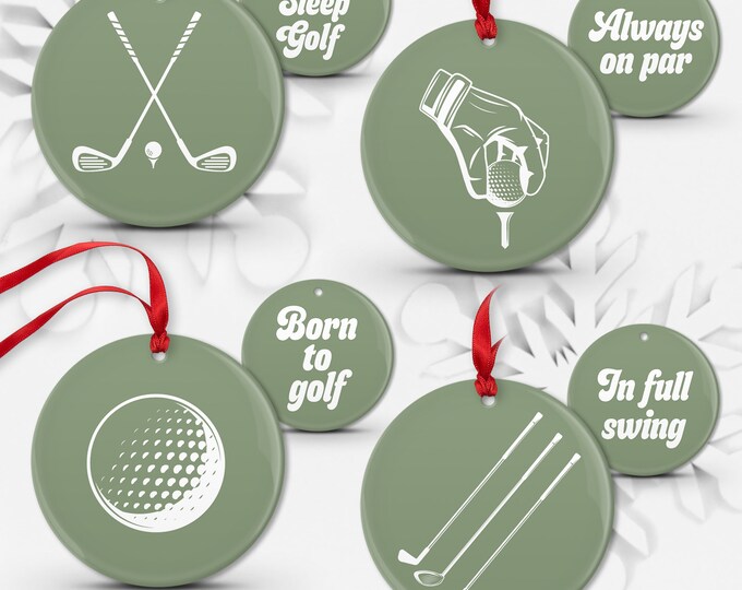 Bundle Set of 4 Golf Christmas Ornaments, Double Sided Porcelain or Aluminum, Golf Christmas Gift for Friends, Seagrass Green • 01, 04