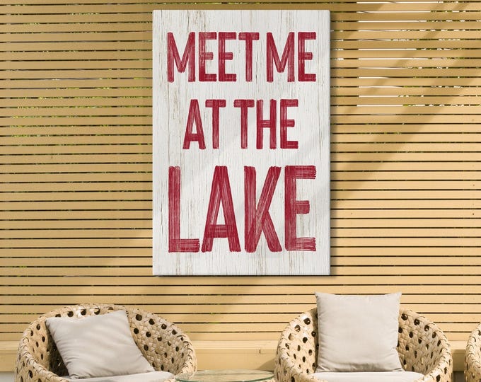 Glossy Canvas Print, Meet Me at the Lake Sign, Bold Red on White Cabin Wall Art