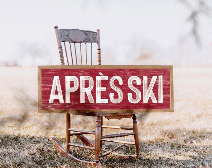Apres Ski Sign in Cream on Dark Red, Cozy Rustic Cabin Wall Art, Gift for the Skier