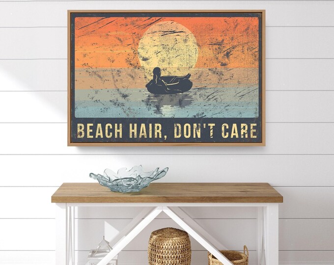 Beach Hair Dont Care Sign, Coral Sunset Coastal Wall Art, Navy Aqua Inner Tube Print