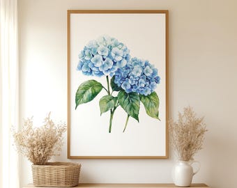 ブルーアジサイのボタニカルウォールアート – 時代を超えた花柄プリント