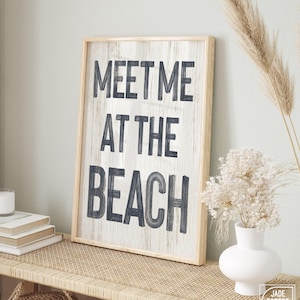 Meet Me At Beach Sign Hale Navy, Rustic Coastal Decor, Vacation Rental Wall Art, Framed Canvas Print, Perfect Beach Gift For Mom
