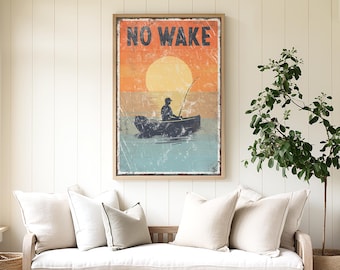 No Wake Canvas Sign: Peaceful Fishing Scene (8"x12" to 32"x48")