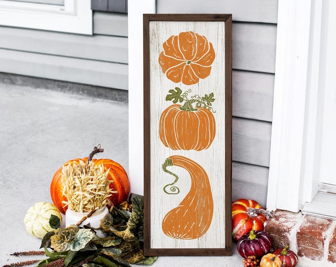 Pumpkins Decor, Stacked Squash Print, Cream and Orange Vertical Wall Art