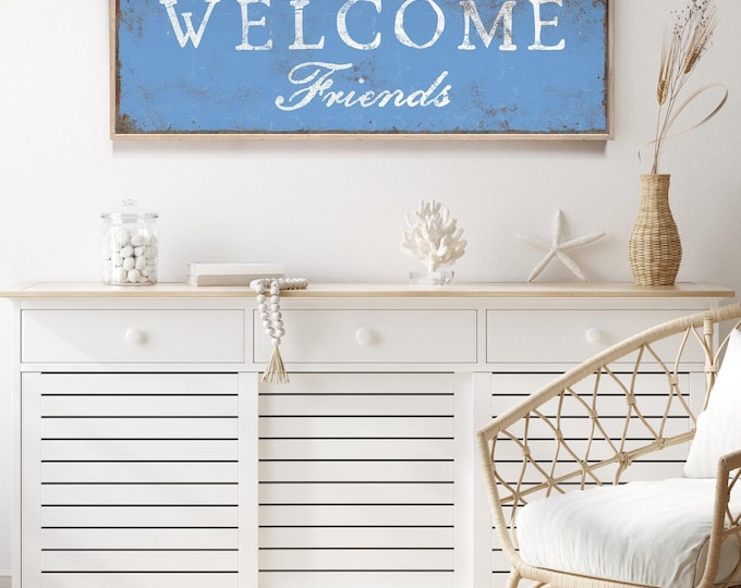Welcome Porch Sign: Vista Blue, Rustic Metal - Extra Large Canvas