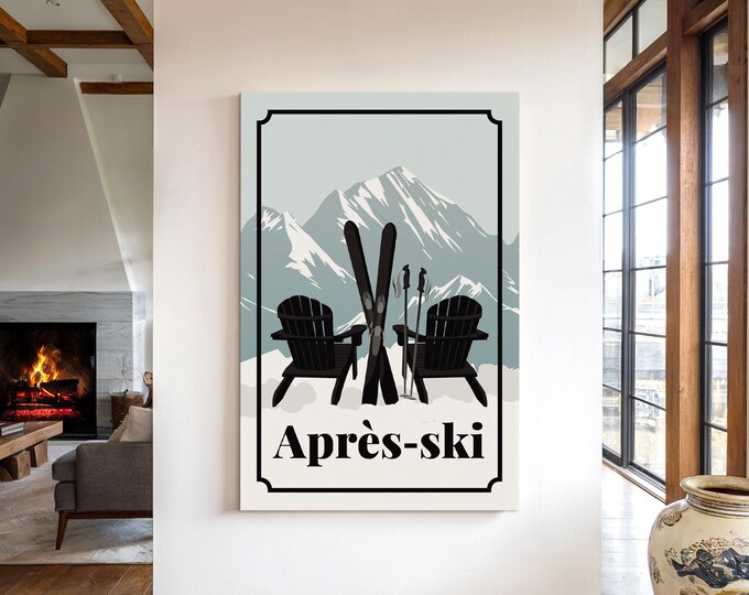 Snow Sign Art, Apres Ski Adirondack Chairs with Sage Grey Peaks, Cabin Lodge Print