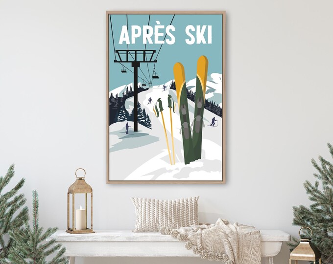 vintage green APRES SKI sign, ski cabin wall print, retro ski poster for winter ski lodge decor, lightweight canvas or aluminum for outdoors