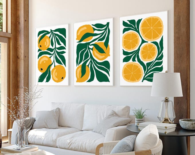 Lemon Art, Yellow Citrus Triptych, White Framed Canvas Set for the Kitchen