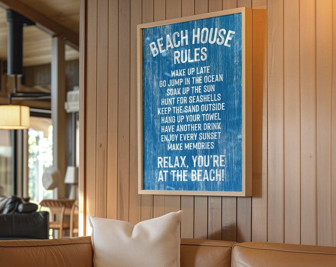 Beach House Rules Sign in Ocean Blue, Retro Coastal Wall Art, Funny Shore Decor