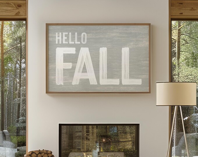 Autumn Wall Decor, Farmhouse Fall, Fall Framed Decor, Hello Fall Sign, Rustic Harvest Art, Seasonal Mantel Accent, Gray Canvas Print