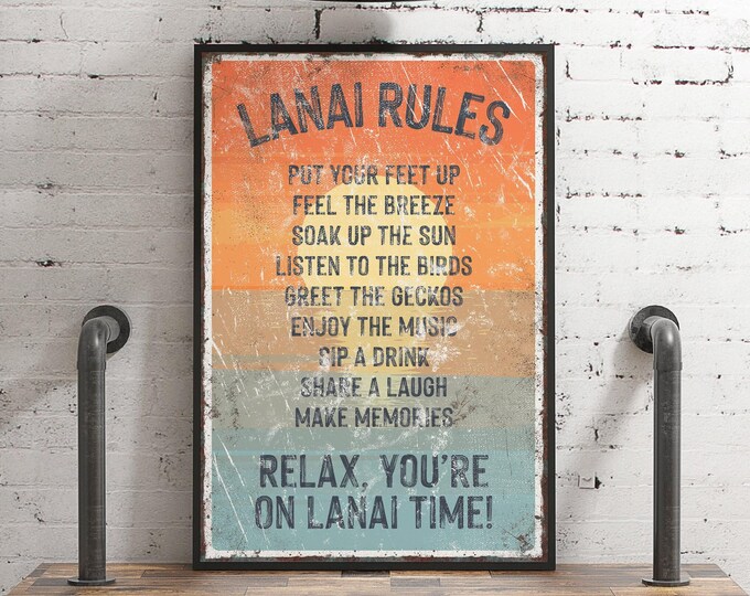 LANAI RULES sign with sunset background, outdoor patio decor, retro pool canvas prints, rules of the lanai, print on aluminum lanai signs