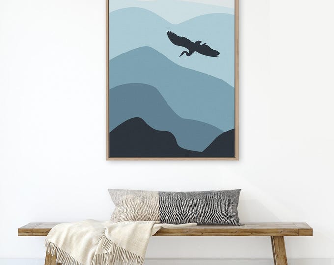 Blue Crane Flying in Mountains and Clouds, Abstract Wall Art for Home or Apartment Decor, Crane Flying Flight, Bar Cart Decor
