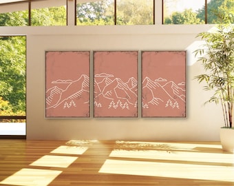 Mountain Landscape Triptych Wall Art: Coral Pink, 3 Panel Set