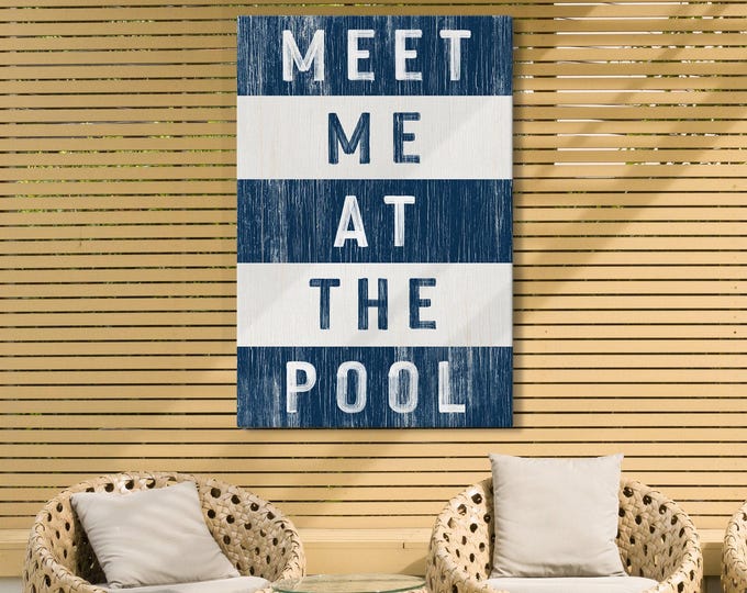 Meet Me At The Pool Sign, Navy White Nautical Stripes, Coastal Cabana Gift