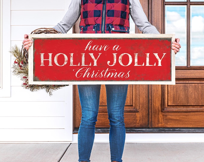 Holiday Wall Decor Holly Jolly Sign (Rustic Wood Frame, Multiple Sizes)
