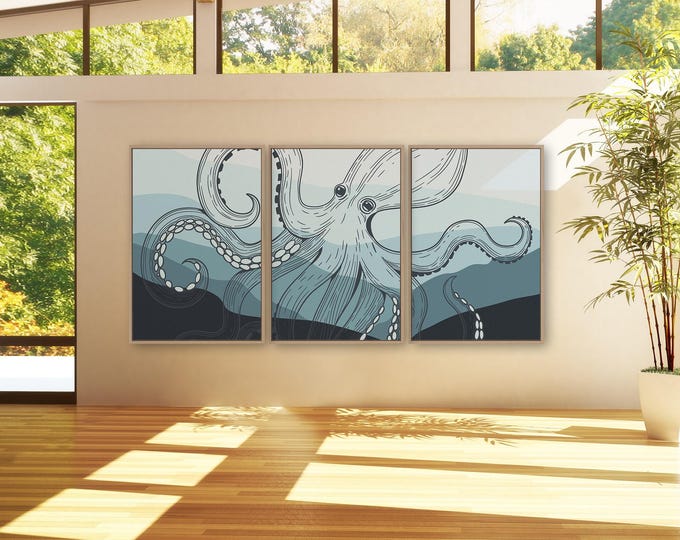 Octopus Triptych, Octopus 3 Piece Framed Set, Retro Octopus Canvas Prints, Large Ocean Wall Decor, Beach Decor Outdoor, Ocean Waves 02