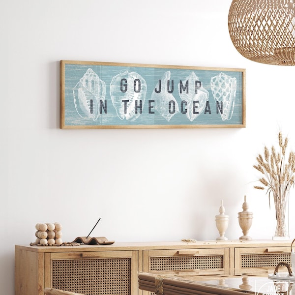 Go Jump in the Ocean Print for Coastal Home Decor,  White and Blue Shell Wall Art , Vintage Canvas Sign or Waterproof Outdoor Aluminum