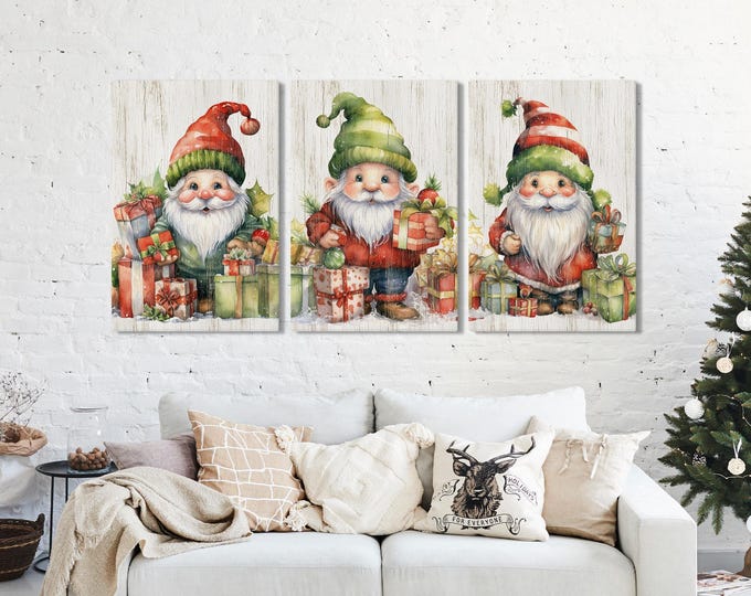 Christmas Gnome Triptych: Rustic Red and Green Holiday Wall Art - Set of 3