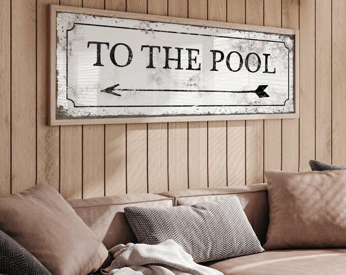 To The Pool Sign, Vintage Directional Arrow, White Distressed Cream Wall Art