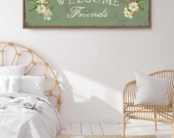 Vintage Seagrass Green Magnolia Welcome Canvas • Retro WELCOME FRIENDS Wall Art • Modern Farmhouse Spring Decor, Antique Flower Sign