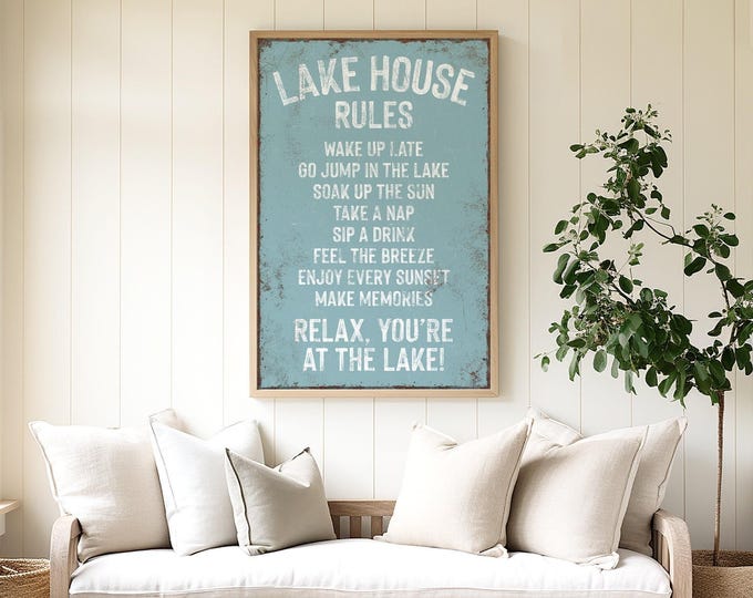 Lake House Wall Sign, Retro Coastal Style (Canvas or Aluminum, Multiple Sizes)