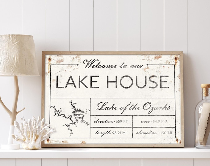 Welcome to our LAKE HOUSE sign, vintage Lake of the Ozarks canvas for above couch, extra large framed modern farmhouse decor wall art print