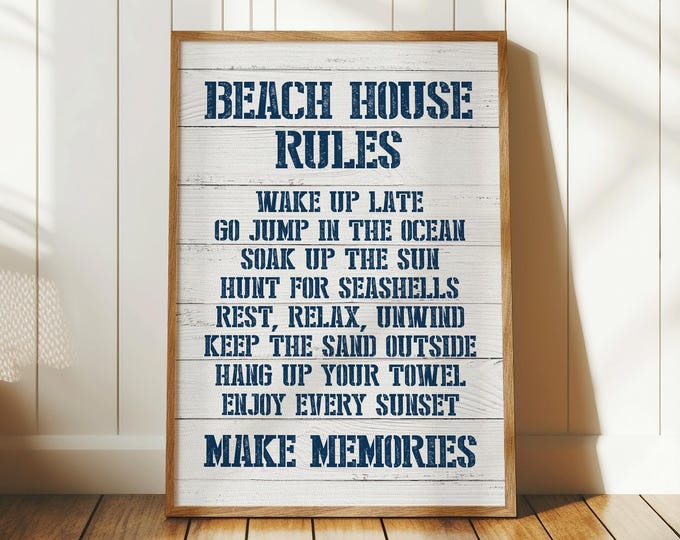 Beach House Rules Wall Art Navy Lettering White Coastal Print Rental Decor