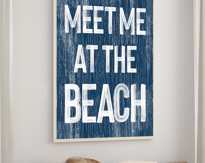 Nautical Wall Art Beach Sign Canvas, Navy and White Coastal Decor, Vintage Seaside Print
