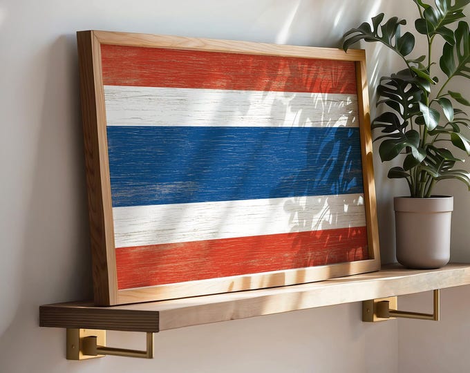 Vintage Thailand Flag Poster, Distressed Thai Restaurant Wall Art