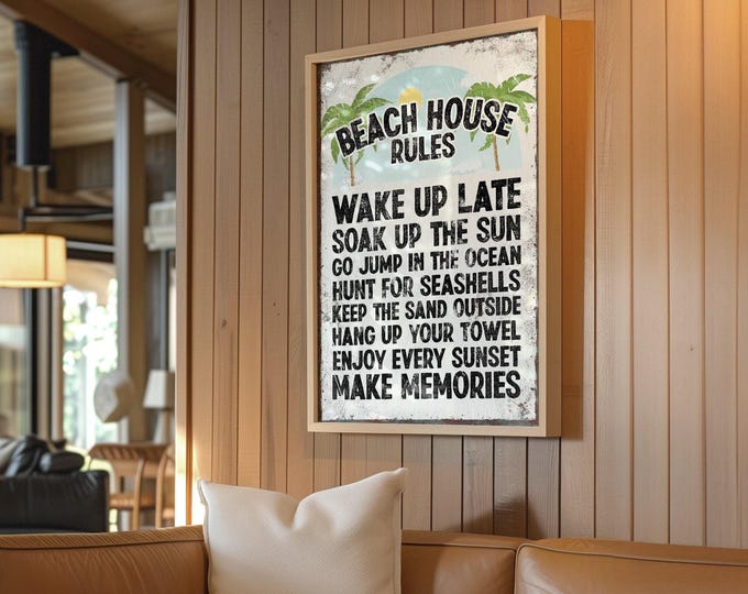 Beach house rules vacation sign, cream and black vintage wall art with green palms, beach home and rv decor